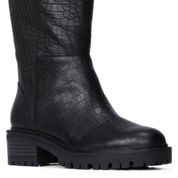 Paige Bella Black Tall/Knee High Boots Sz 9.5 Croc Embossed Leather Lug Sole New - Picture 12 of 14